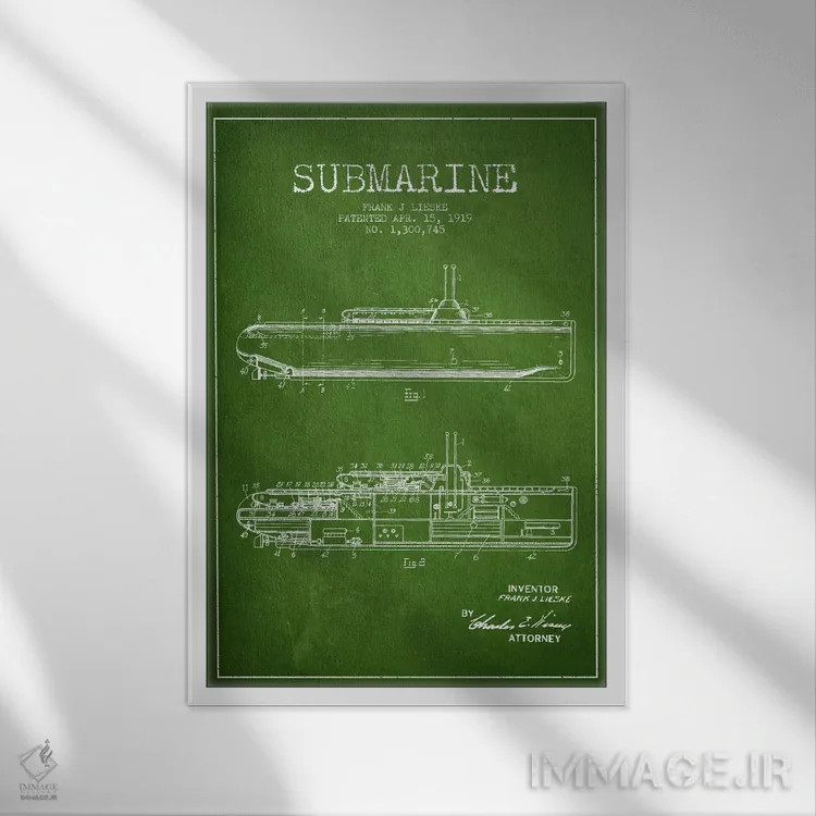 تابلو نقشهٔ ثبت اختراع زیردریایی (سبز) اثر پیکسل کهنه (استودیو/نام هنری) - نمای قابدار سفید