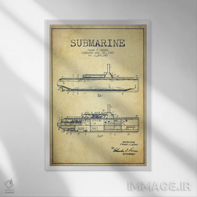 تابلو نقشهٔ ثبت اختراع زیردریایی (وینتیج/قدیمی) اثر پیکسل کهنه (استودیو/نام هنری) - نمای قابدار سفید