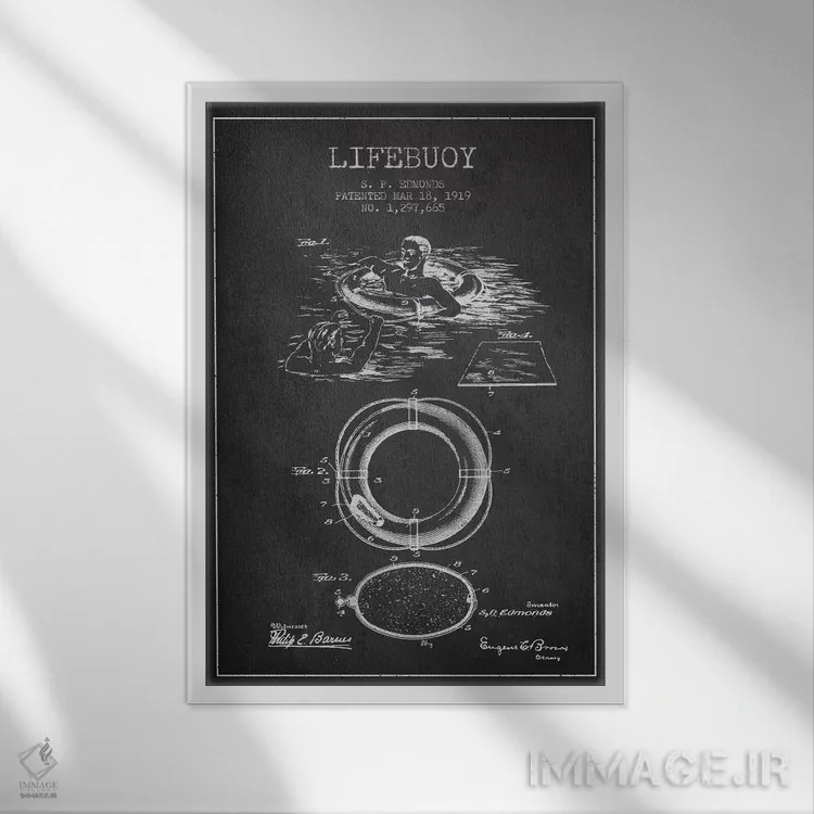 تابلو نقشهٔ ثبت اختراع حلقه نجات (زغالی) اثر پیکسل کهنه (استودیو/نام هنری) - نمای قابدار سفید