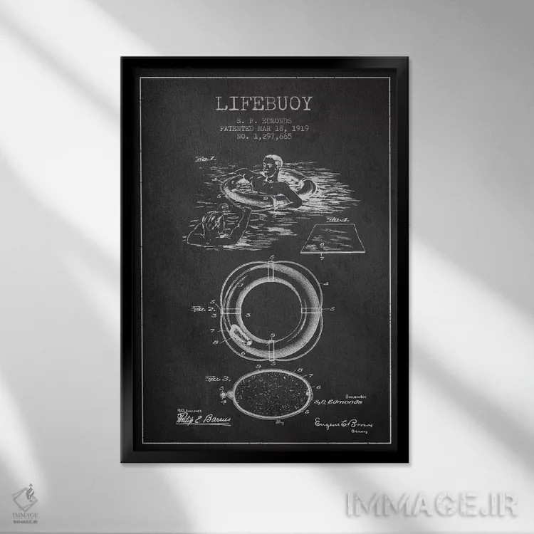 تابلو نقشهٔ ثبت اختراع حلقه نجات (زغالی) اثر پیکسل کهنه (استودیو/نام هنری) - نمای قابدار مشکی