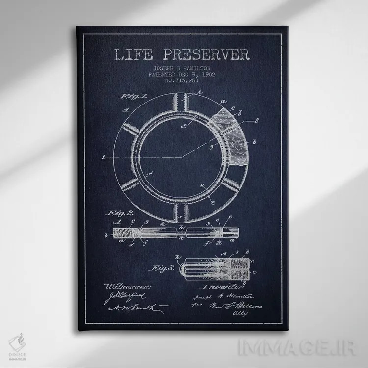 تابلو نقشهٔ ثبت اختراع جلیقه نجات (سرمهای) اثر پیکسل کهنه (استودیو/نام هنری) - نمای روبهرو روی دیوار