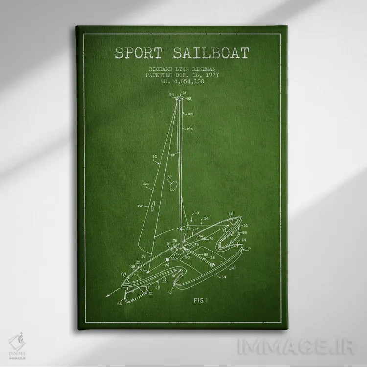 تابلو نقشهٔ ثبت اختراع قایق بادبانی اسپرت ۱ (سبز) اثر پیکسل کهنه (استودیو/نام هنری) - نمای روبهرو روی دیوار