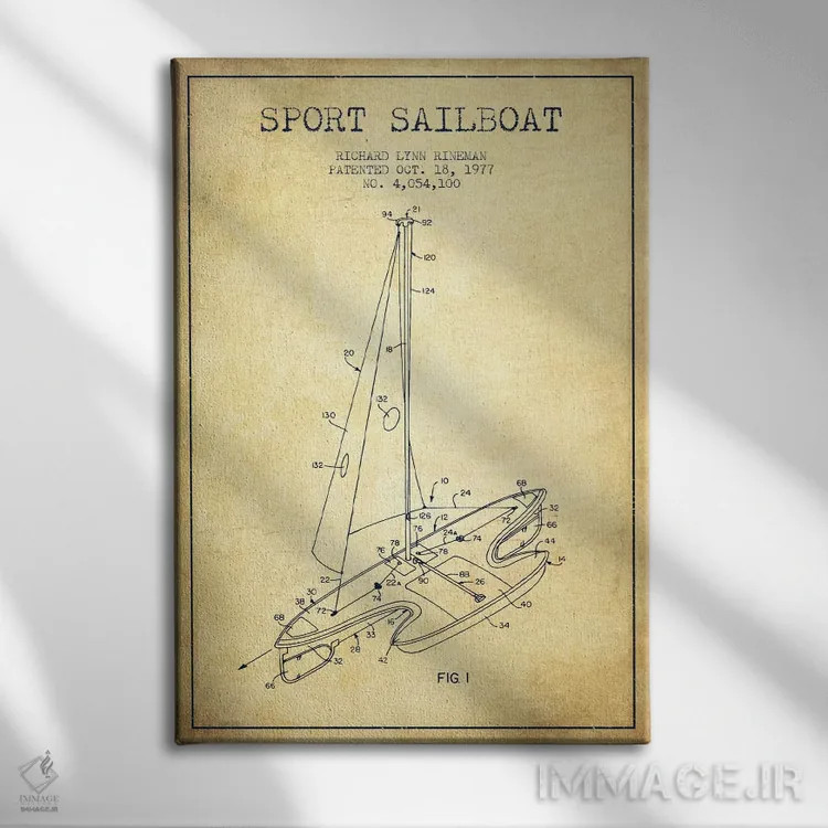 تابلو نقشهٔ ثبت اختراع قایق بادبانی اسپرت ۱ (وینتیج/قدیمی) اثر پیکسل کهنه (استودیو/نام هنری) - نمای روبهرو روی دیوار