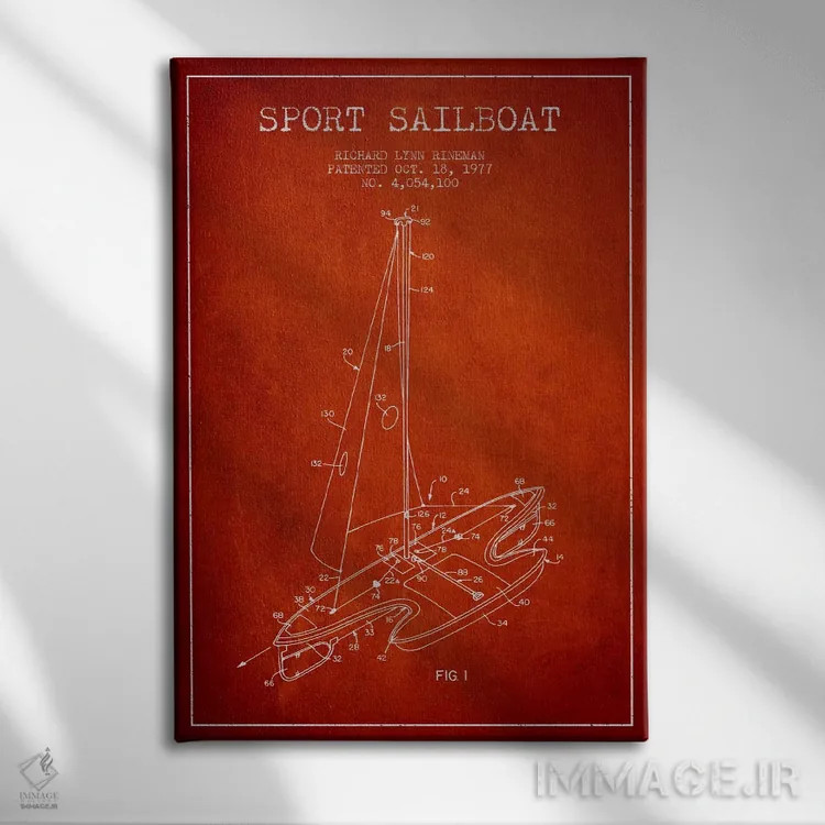 تابلو نقشهٔ ثبت اختراع قایق بادبانی اسپرت ۱ (قرمز) اثر پیکسل کهنه (استودیو/نام هنری) - نمای روبهرو روی دیوار