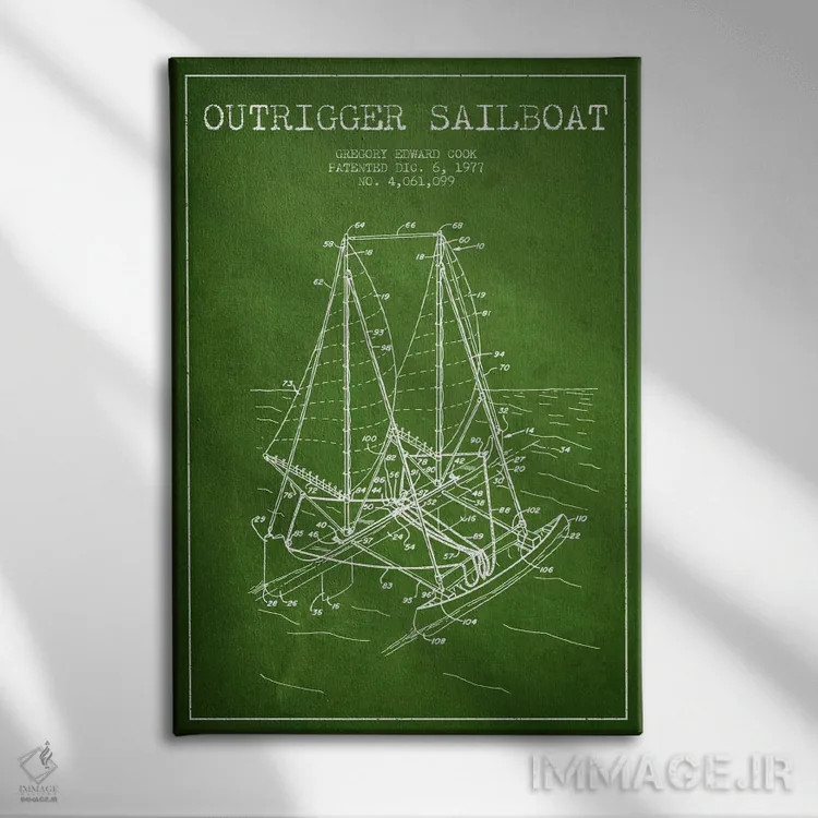 تابلو نقشهٔ ثبت اختراع قایق بادبانی شناور جانبیدار (سبز) اثر پیکسل کهنه (استودیو/نام هنری) - نمای روبهرو روی دیوار