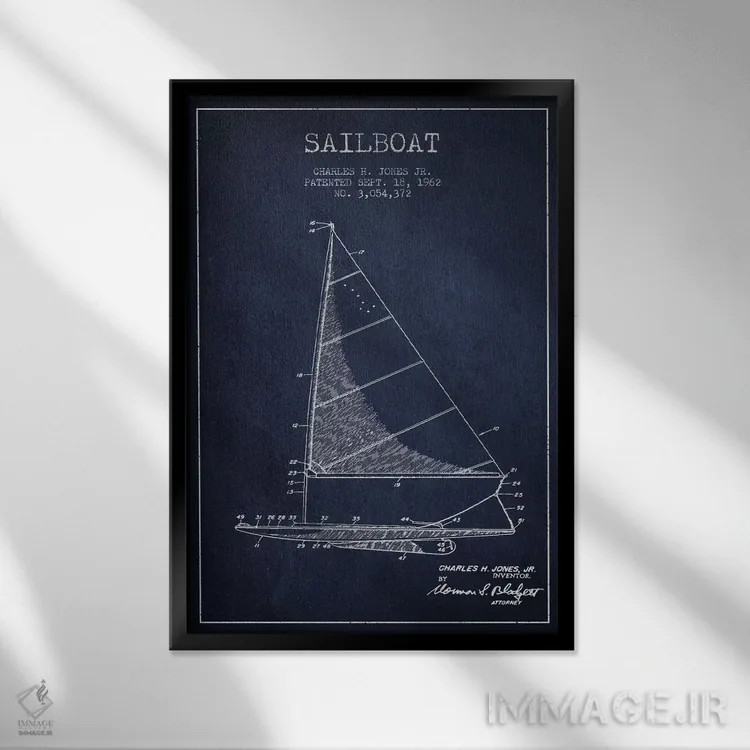 تابلو نقشهٔ ثبت اختراع قایق بادبانی ۲ (سرمهای) اثر پیکسل کهنه (استودیو/نام هنری) - نمای قابدار مشکی