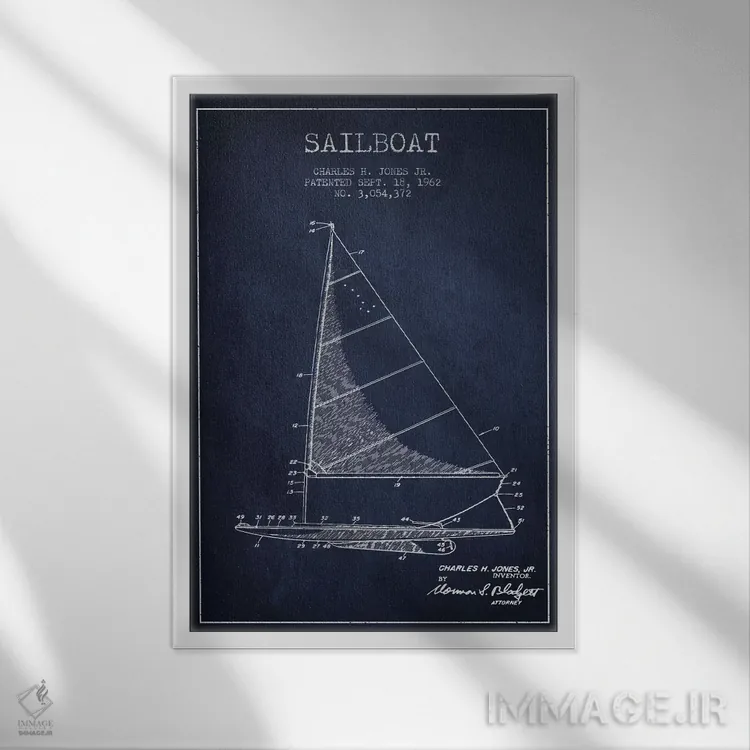 تابلو نقشهٔ ثبت اختراع قایق بادبانی ۲ (سرمهای) اثر پیکسل کهنه (استودیو/نام هنری) - نمای قابدار سفید