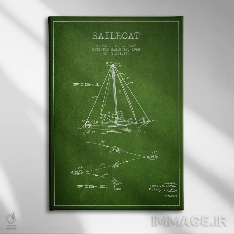 تابلو نقشهٔ ثبت اختراع قایق بادبانی دو سر (سبز) اثر پیکسل کهنه (استودیو/نام هنری) - نمای روبهرو روی دیوار