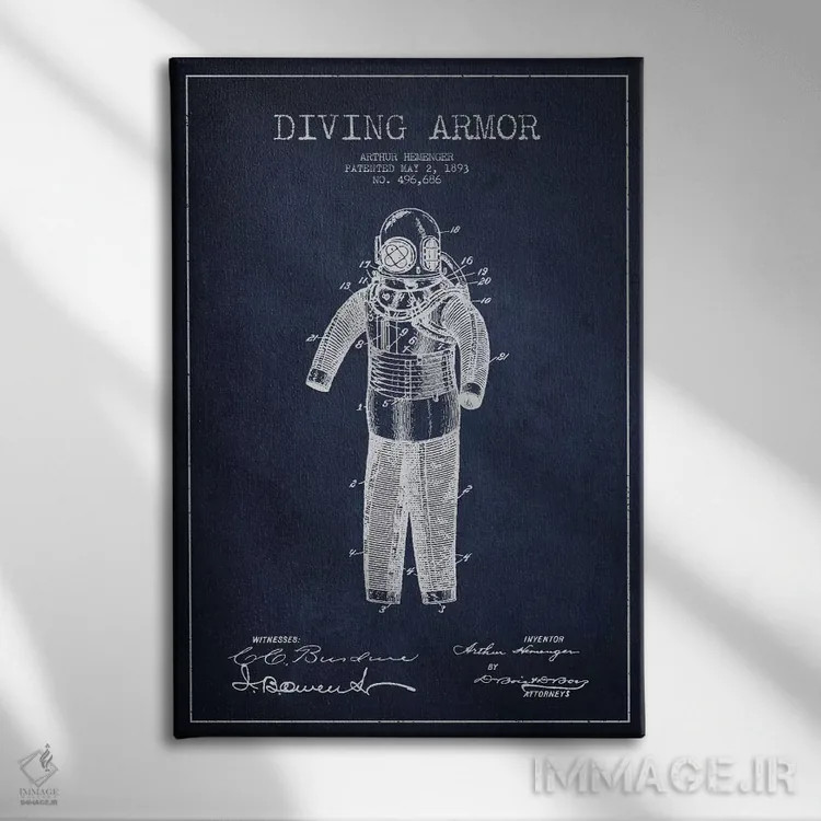 تابلو نقشهٔ ثبت اختراع لباس غواصی (آبی) اثر پیکسل کهنه (استودیو/نام هنری) - نمای روبهرو روی دیوار