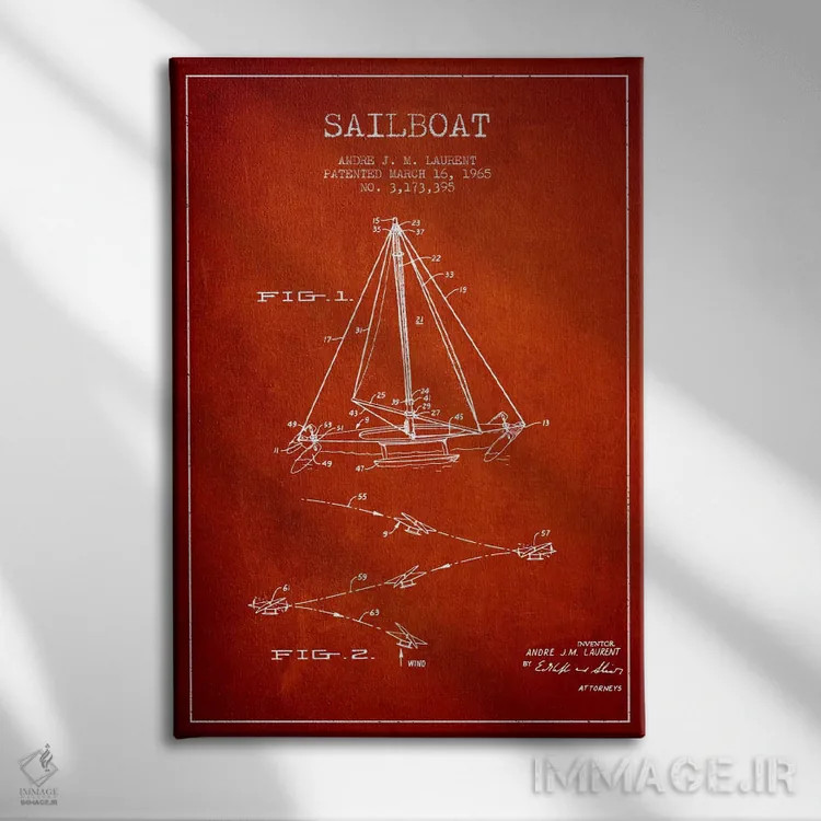 تابلو نقشهٔ ثبت اختراع قایق بادبانی دو سر (قرمز) اثر پیکسل کهنه (استودیو/نام هنری) - نمای روبهرو روی دیوار