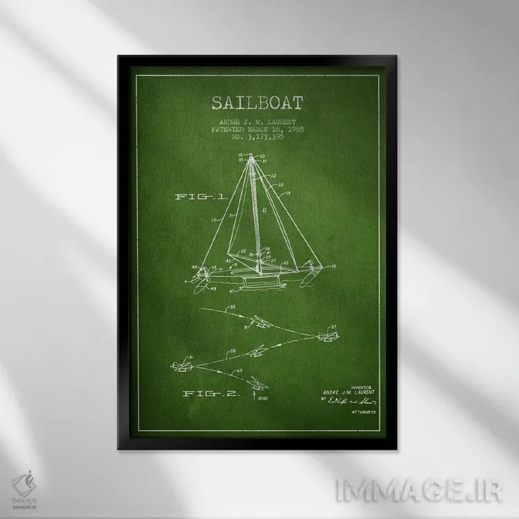 تابلو نقشهٔ ثبت اختراع قایق بادبانی دو سر (سبز) اثر پیکسل کهنه (استودیو/نام هنری) - نمای قابدار مشکی