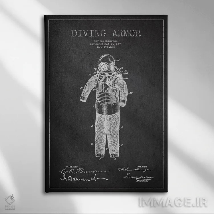تابلو نقشهٔ ثبت اختراع لباس غواصی (تیره) اثر پیکسل کهنه (استودیو/نام هنری) - نمای روبهرو روی دیوار