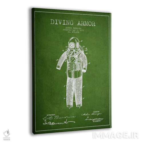 تابلو نقشهٔ ثبت اختراع لباس غواصی (سبز) اثر پیکسل کهنه (استودیو/نام هنری) - نمای پرسپکتیو محصول