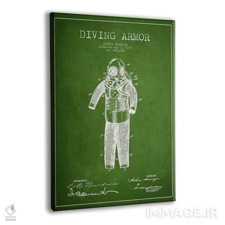 تابلو نقشهٔ ثبت اختراع لباس غواصی (سبز) اثر پیکسل کهنه (استودیو/نام هنری) - نمای پرسپکتیو محصول