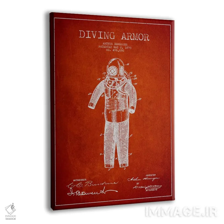 تابلو نقشهٔ ثبت اختراع لباس غواصی (قرمز) اثر پیکسل کهنه (استودیو/نام هنری) - نمای پرسپکتیو محصول