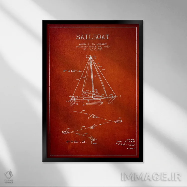 تابلو نقشهٔ ثبت اختراع قایق بادبانی دو سر (قرمز) اثر پیکسل کهنه (استودیو/نام هنری) - نمای قابدار مشکی