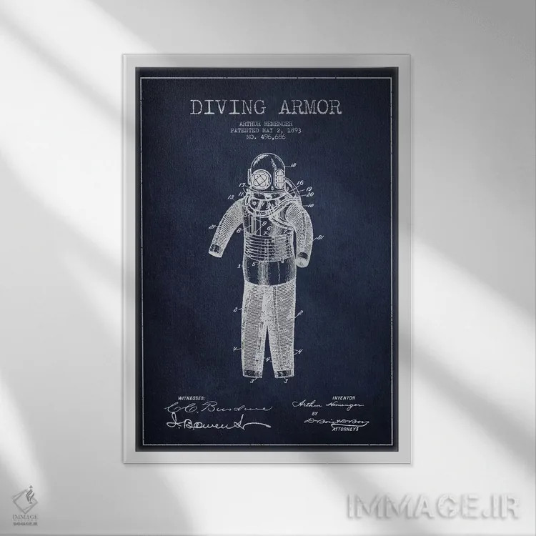 تابلو نقشهٔ ثبت اختراع لباس غواصی (آبی) اثر پیکسل کهنه (استودیو/نام هنری) - نمای قابدار سفید