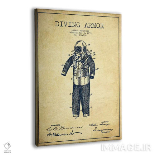 تابلو نقشهٔ ثبت اختراع لباس غواصی (وینتیج/قدیمی) اثر پیکسل کهنه (استودیو/نام هنری) - نمای پرسپکتیو محصول