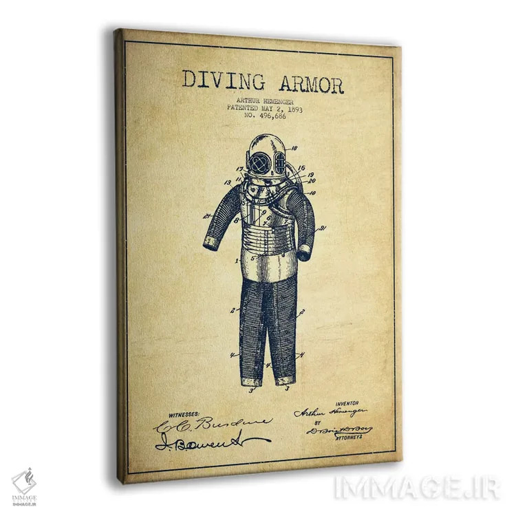 تابلو نقشهٔ ثبت اختراع لباس غواصی (وینتیج/قدیمی) اثر پیکسل کهنه (استودیو/نام هنری) - نمای پرسپکتیو محصول