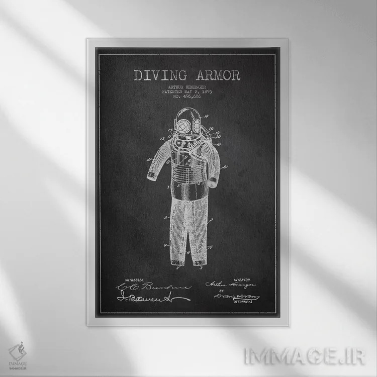 تابلو نقشهٔ ثبت اختراع لباس غواصی (تیره) اثر پیکسل کهنه (استودیو/نام هنری) - نمای قابدار سفید