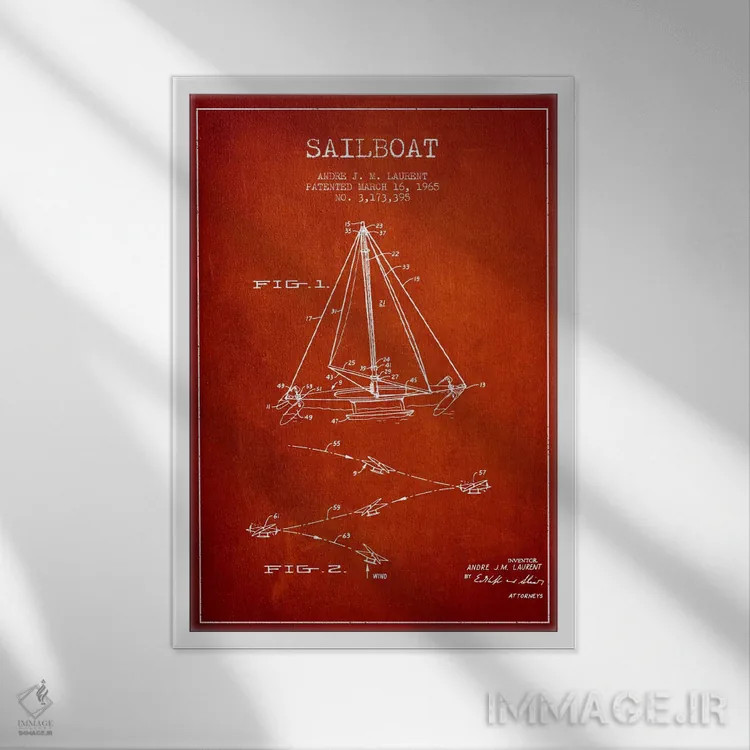 تابلو نقشهٔ ثبت اختراع قایق بادبانی دو سر (قرمز) اثر پیکسل کهنه (استودیو/نام هنری) - نمای قابدار سفید