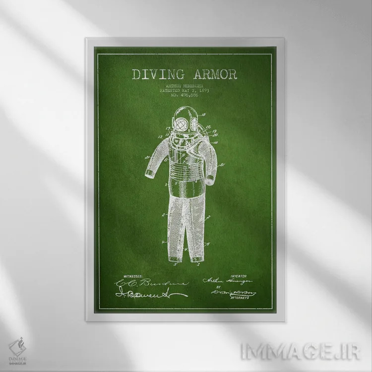 تابلو نقشهٔ ثبت اختراع لباس غواصی (سبز) اثر پیکسل کهنه (استودیو/نام هنری) - نمای قابدار سفید