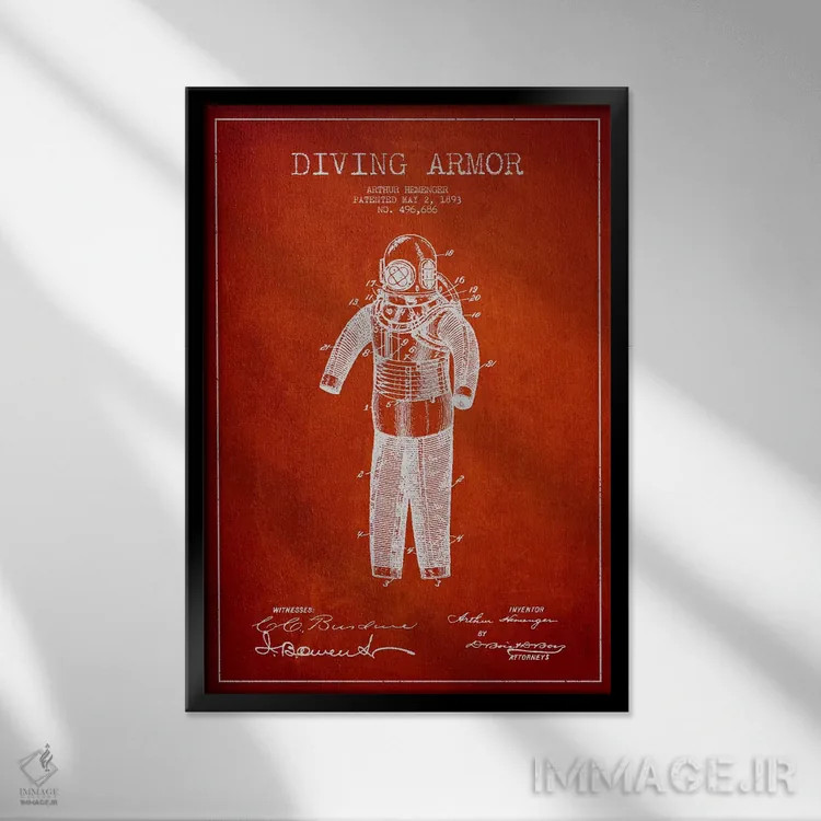 تابلو نقشهٔ ثبت اختراع لباس غواصی (قرمز) اثر پیکسل کهنه (استودیو/نام هنری) - نمای قابدار مشکی