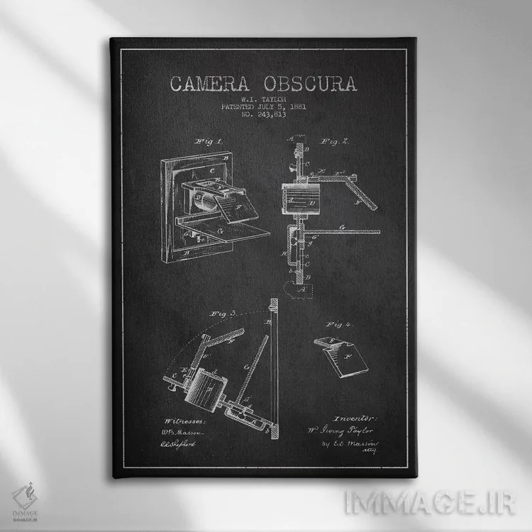 تابلو نقشهٔ ثبت اختراع دوربین (زغالی) اثر پیکسل کهنه (استودیو/نام هنری) - نمای روبهرو روی دیوار