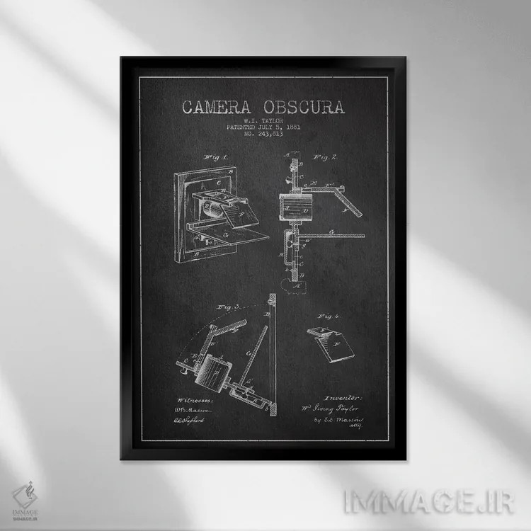 تابلو نقشهٔ ثبت اختراع دوربین (زغالی) اثر پیکسل کهنه (استودیو/نام هنری) - نمای قابدار مشکی