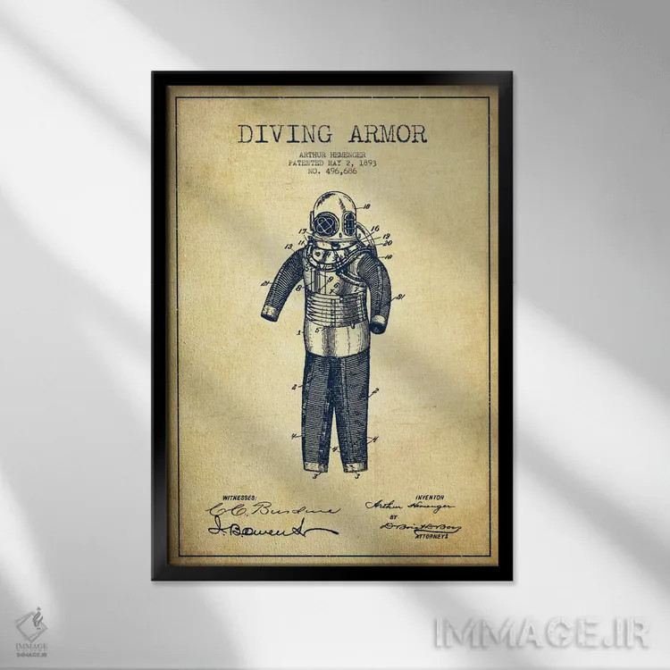 تابلو نقشهٔ ثبت اختراع لباس غواصی (وینتیج/قدیمی) اثر پیکسل کهنه (استودیو/نام هنری) - نمای قابدار مشکی