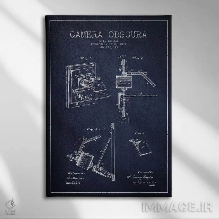 تابلو نقشهٔ ثبت اختراع دوربین (سرمهای) اثر پیکسل کهنه (استودیو/نام هنری) - نمای روبهرو روی دیوار