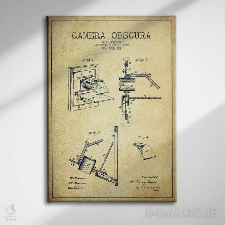 تابلو نقشهٔ ثبت اختراع دوربین (وینتیج/قدیمی) اثر پیکسل کهنه (استودیو/نام هنری) - نمای روبهرو روی دیوار