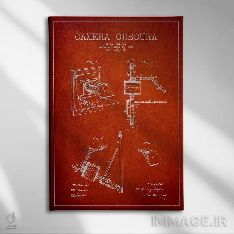 تابلو نقشهٔ ثبت اختراع دوربین (قرمز) اثر پیکسل کهنه (استودیو/نام هنری) - نمای روبهرو روی دیوار