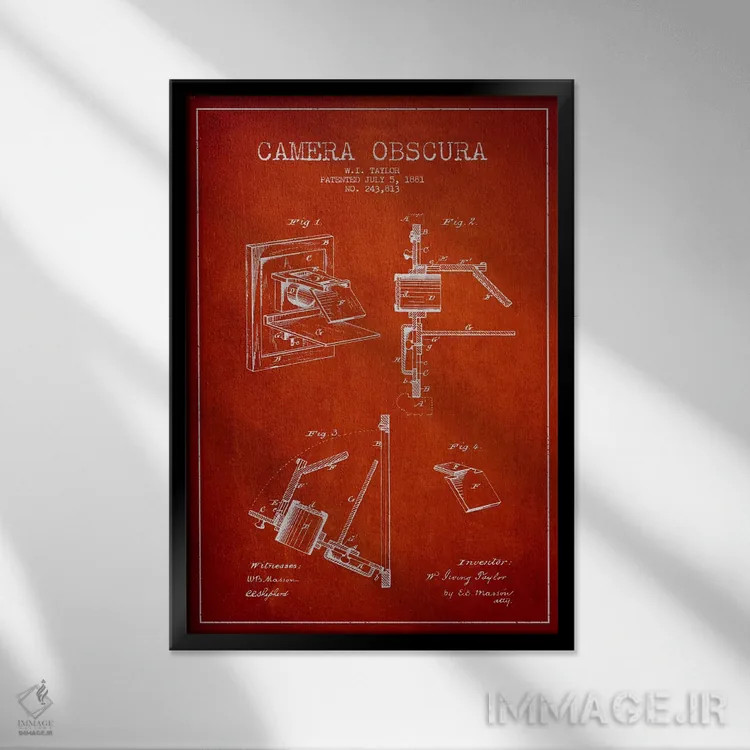 تابلو نقشهٔ ثبت اختراع دوربین (قرمز) اثر پیکسل کهنه (استودیو/نام هنری) - نمای قابدار مشکی