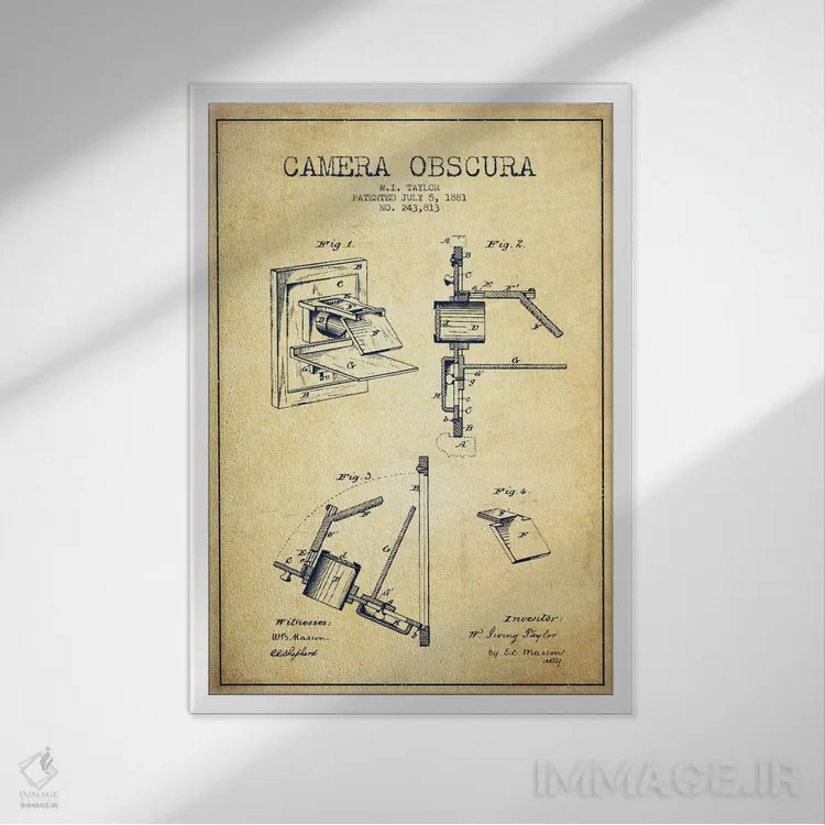 تابلو نقشهٔ ثبت اختراع دوربین (وینتیج/قدیمی) اثر پیکسل کهنه (استودیو/نام هنری) - نمای قابدار سفید
