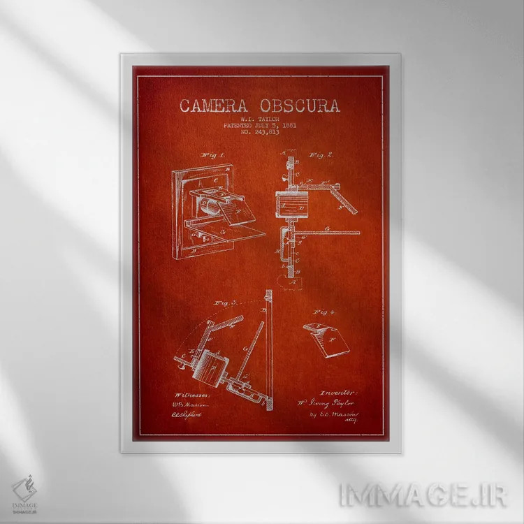 تابلو نقشهٔ ثبت اختراع دوربین (قرمز) اثر پیکسل کهنه (استودیو/نام هنری) - نمای قابدار سفید
