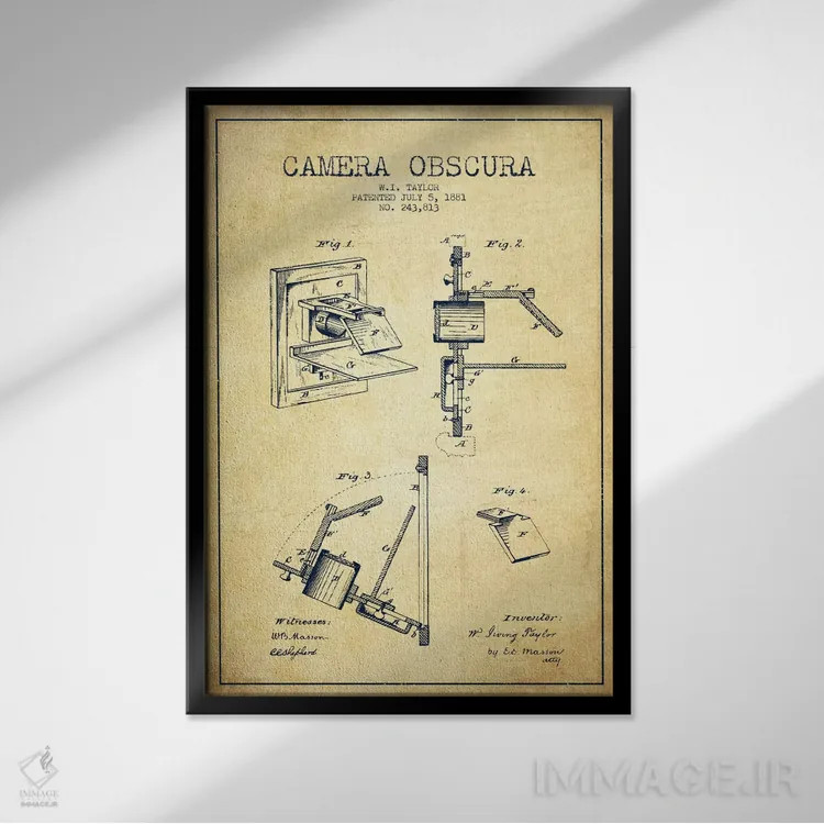 تابلو نقشهٔ ثبت اختراع دوربین (وینتیج/قدیمی) اثر پیکسل کهنه (استودیو/نام هنری) - نمای قابدار مشکی