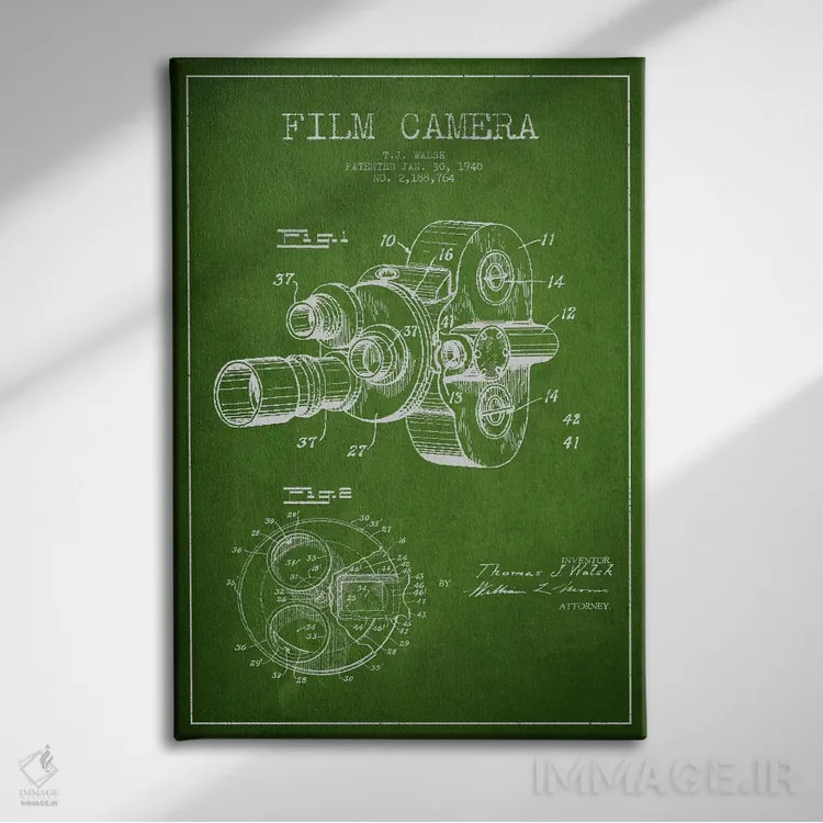 تابلو نقشهٔ ثبت اختراع دوربین (سبز) اثر پیکسل کهنه (استودیو/نام هنری) - نمای روبهرو روی دیوار