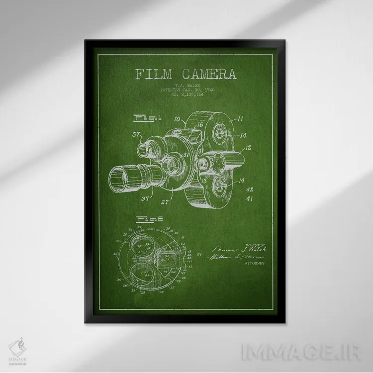 تابلو نقشهٔ ثبت اختراع دوربین (سبز) اثر پیکسل کهنه (استودیو/نام هنری) - نمای قابدار مشکی