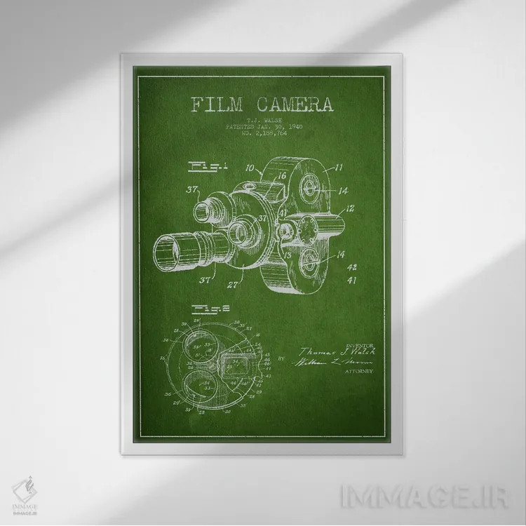 تابلو نقشهٔ ثبت اختراع دوربین (سبز) اثر پیکسل کهنه (استودیو/نام هنری) - نمای قابدار سفید
