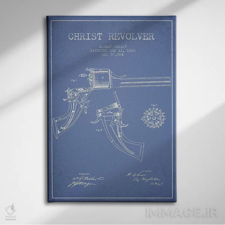 تابلو طرح ثبت اختراع هفتتیر آلبرت کریست (آبی روشن) اثر پیکسل کهنه (استودیو/نام هنری) - نمای روبهرو روی دیوار