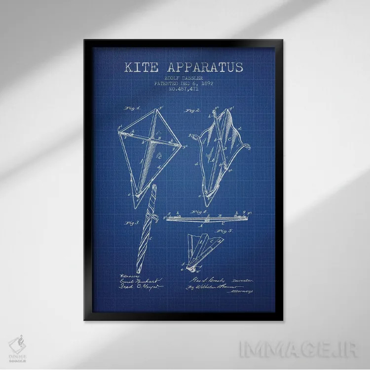 تابلو طرح ثبت اختراع ابزار بادبادک آدولف داسلر (شبکه آبی) اثر پیکسل کهنه (استودیو/نام هنری) - نمای قابدار مشکی