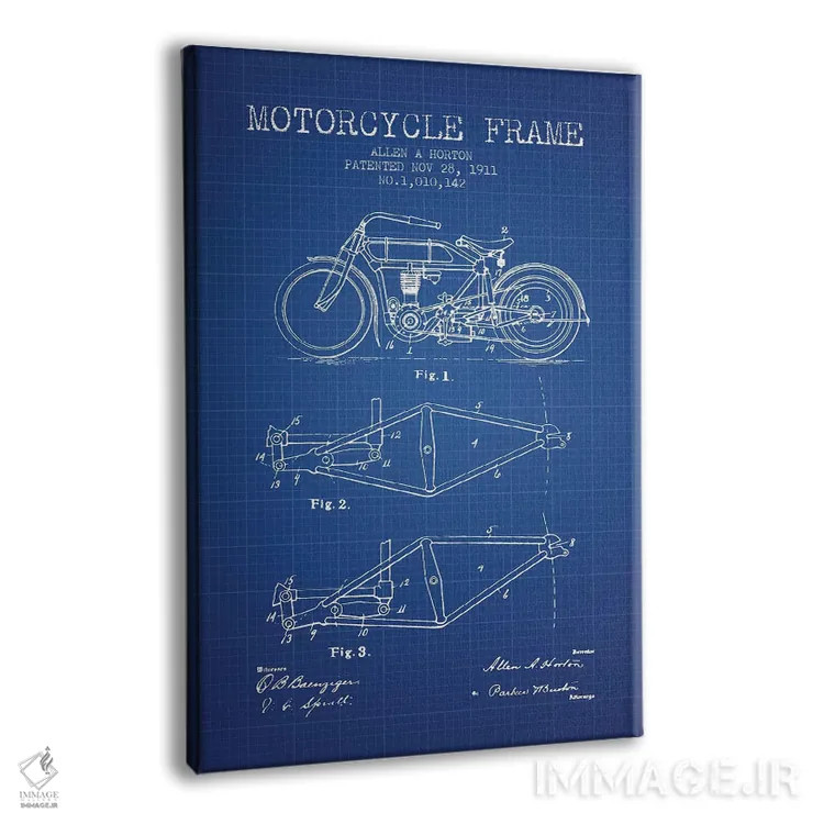 تابلو طرح ثبت اختراع شاسی موتورسیکلت آلن ای. هورتون (شبکه آبی) اثر پیکسل کهنه (استودیو/نام هنری) - نمای پرسپکتیو محصول