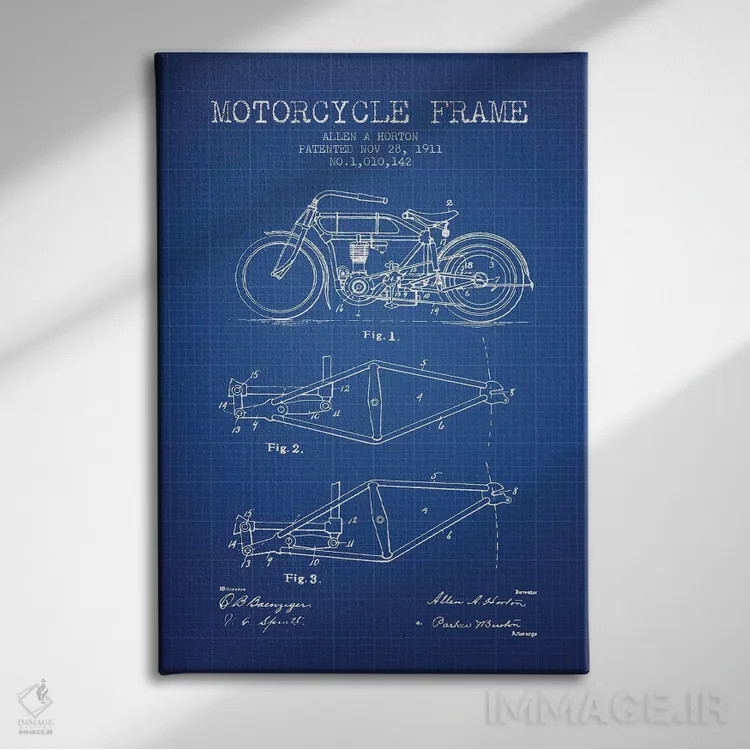 تابلو طرح ثبت اختراع شاسی موتورسیکلت آلن ای. هورتون (شبکه آبی) اثر پیکسل کهنه (استودیو/نام هنری) - نمای روبهرو روی دیوار