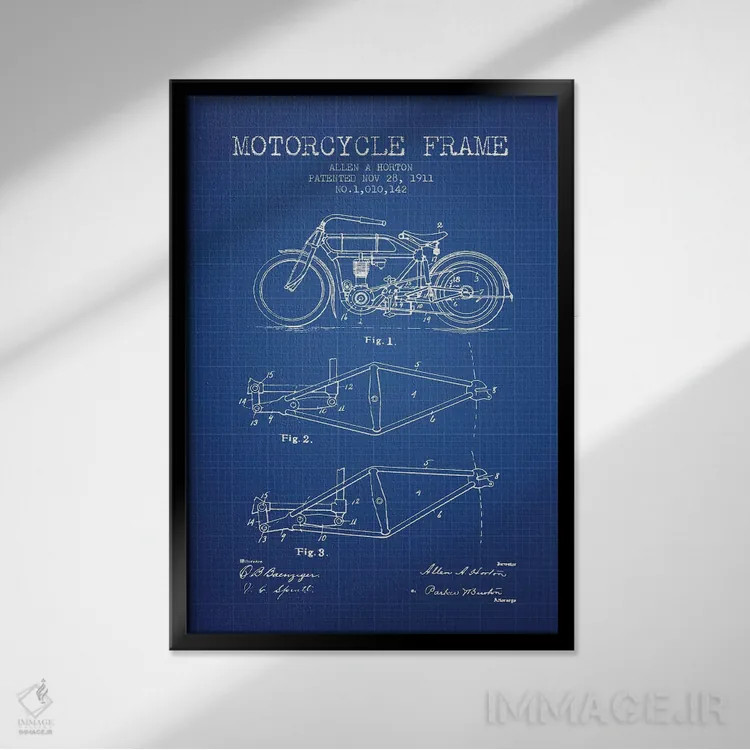 تابلو طرح ثبت اختراع شاسی موتورسیکلت آلن ای. هورتون (شبکه آبی) اثر پیکسل کهنه (استودیو/نام هنری) - نمای قابدار مشکی