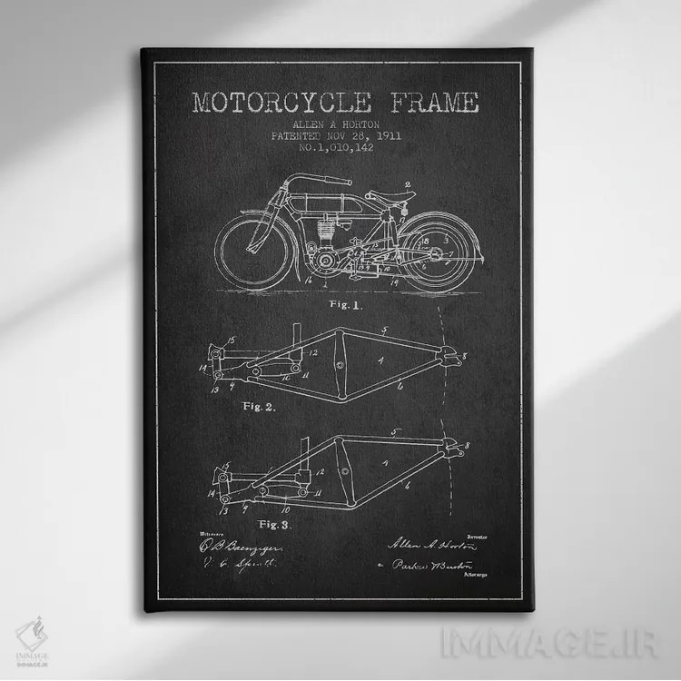 تابلو طرح ثبت اختراع شاسی موتورسیکلت آلن ای. هورتون (زغالی) اثر پیکسل کهنه (استودیو/نام هنری) - نمای روبهرو روی دیوار