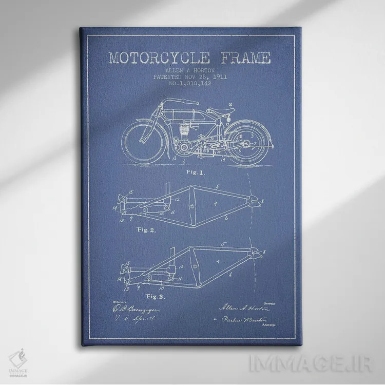تابلو طرح ثبت اختراع شاسی موتورسیکلت آلن ای. هورتون (آبی روشن) اثر پیکسل کهنه (استودیو/نام هنری) - نمای روبهرو روی دیوار