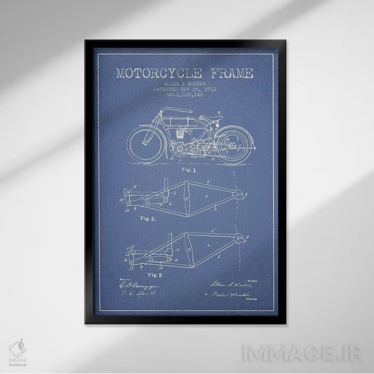تابلو طرح ثبت اختراع شاسی موتورسیکلت آلن ای. هورتون (آبی روشن) اثر پیکسل کهنه (استودیو/نام هنری) - نمای قابدار مشکی