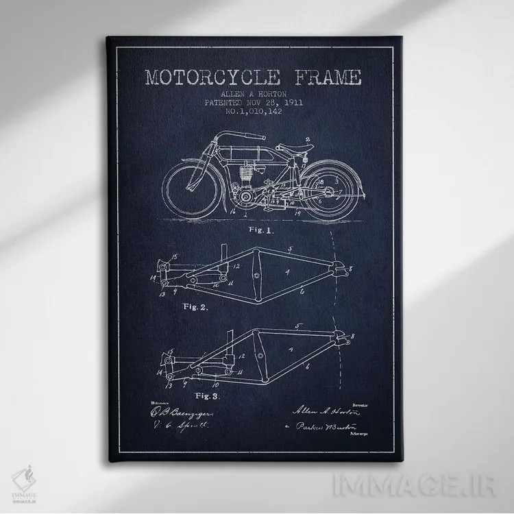 تابلو طرح ثبت اختراع شاسی موتورسیکلت آلن ای. هورتون (سرمهای) اثر پیکسل کهنه (استودیو/نام هنری) - نمای روبهرو روی دیوار