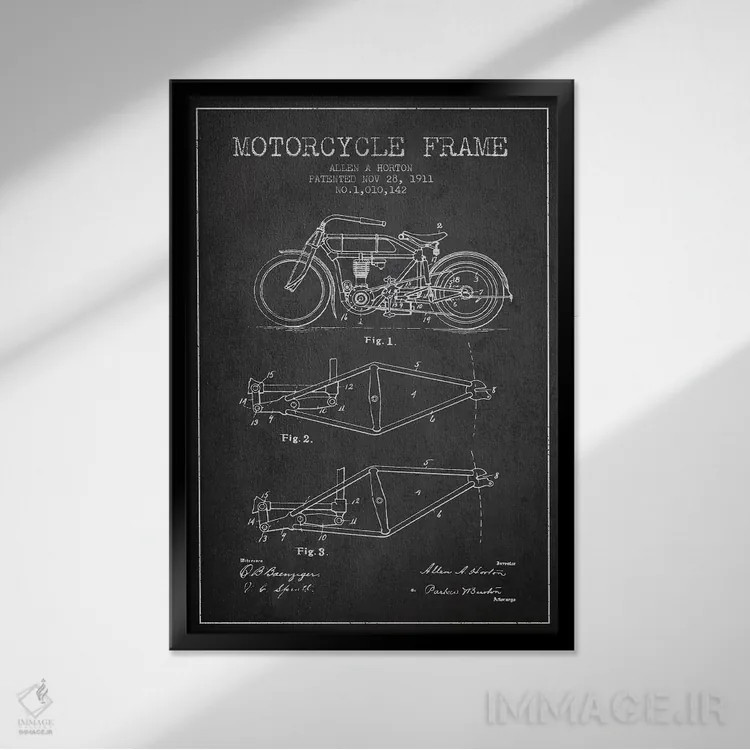 تابلو طرح ثبت اختراع شاسی موتورسیکلت آلن ای. هورتون (زغالی) اثر پیکسل کهنه (استودیو/نام هنری) - نمای قابدار مشکی